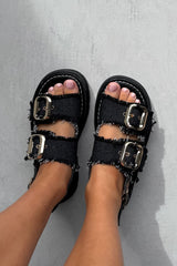CHARLIE Chunky Buckle Sandals - Black Denim - 4