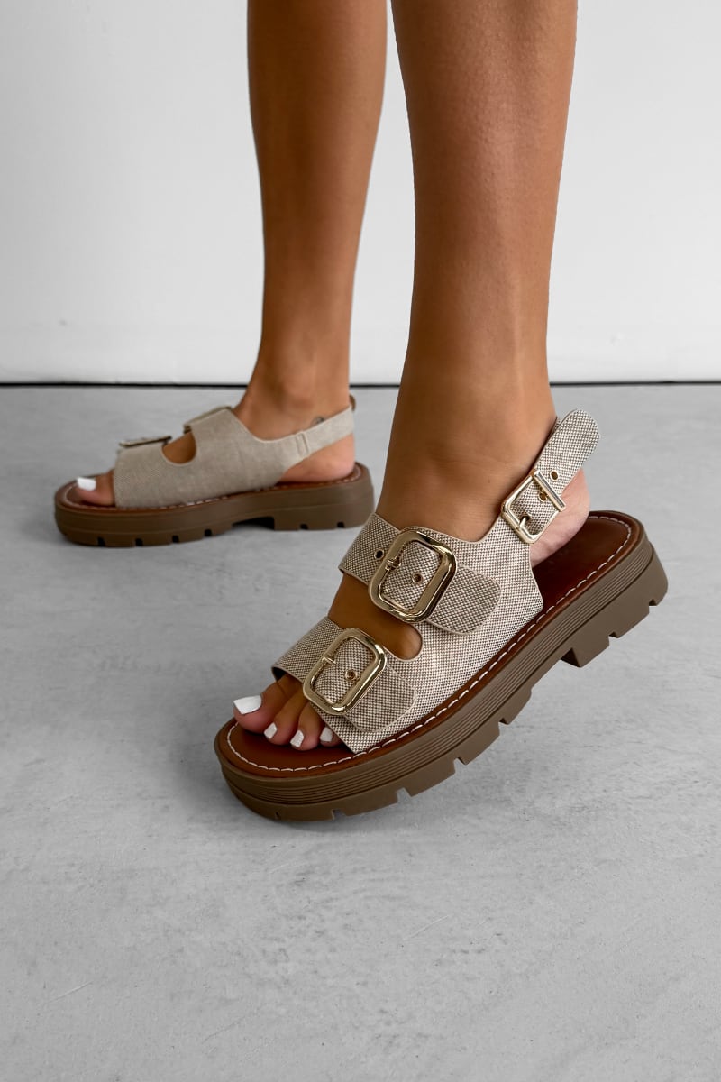 CHARLIE Chunky Studded Buckle Sandals - Beige - 1
