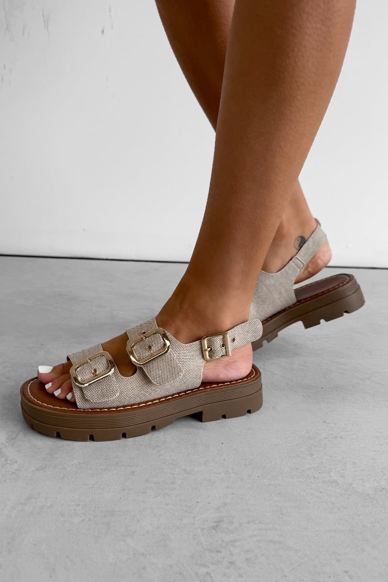 CHARLIE Chunky Studded Buckle Sandals - Beige - 2