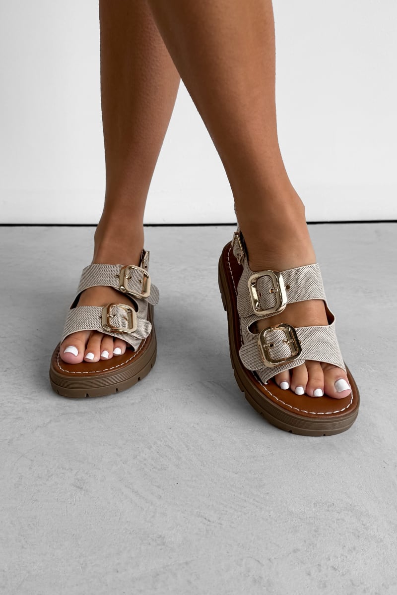 CHARLIE Chunky Studded Buckle Sandals - Beige - 3