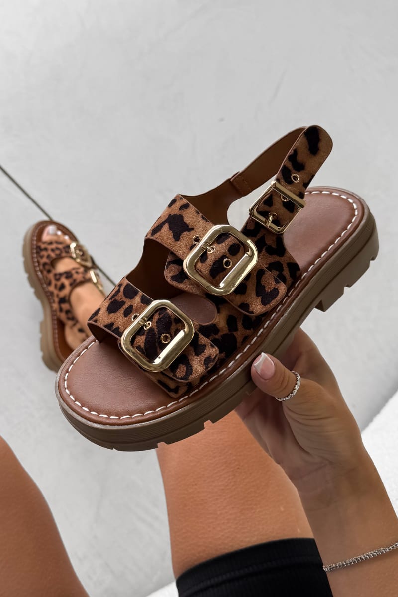 CHARLIE Chunky Studded Buckle Sandals - Leopard