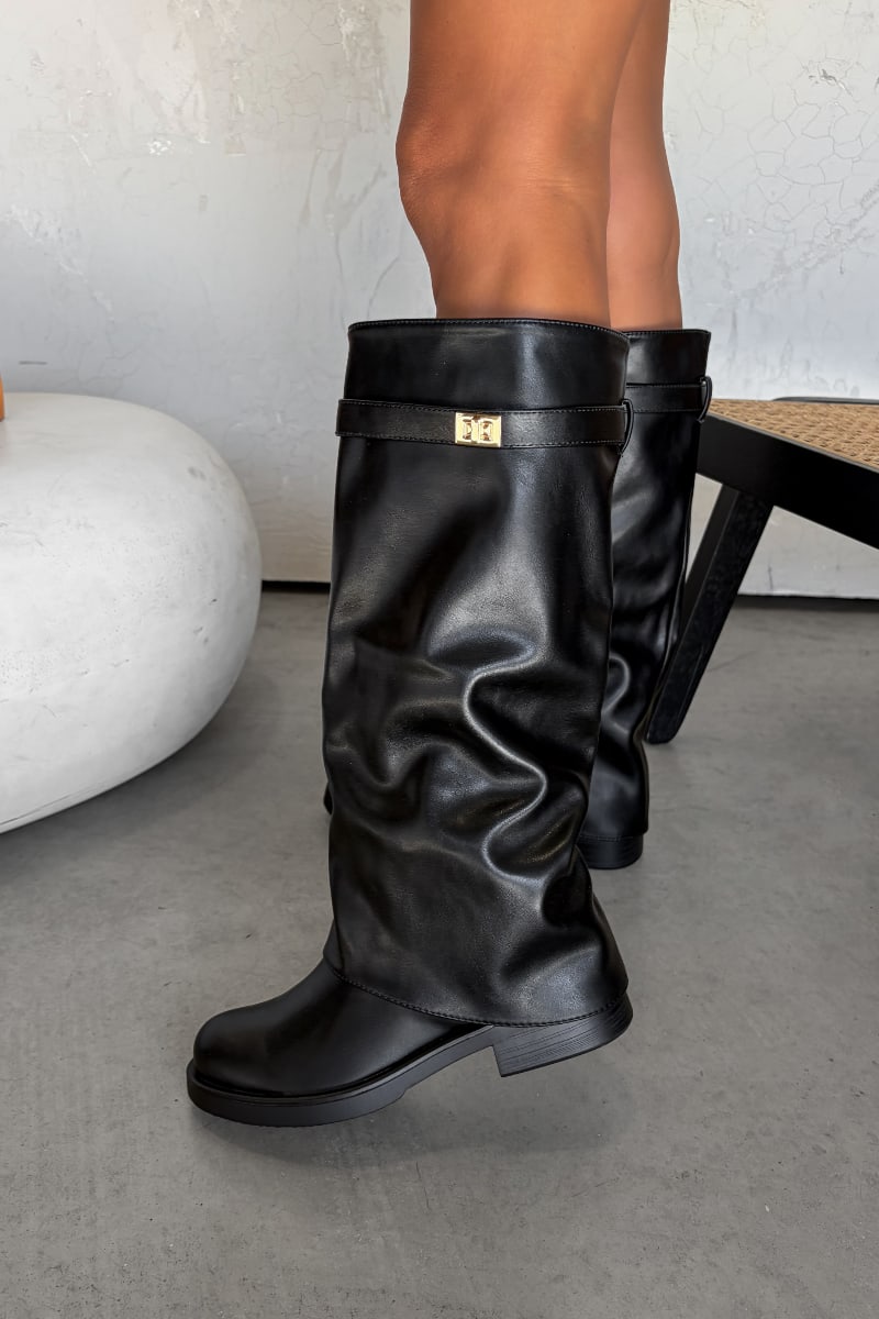 CIARA Flared Knee High Low Heel Boots - Black PU