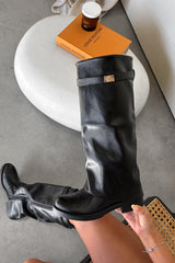 CIARA Flared Knee High Low Heel Boots - Black PU - 1