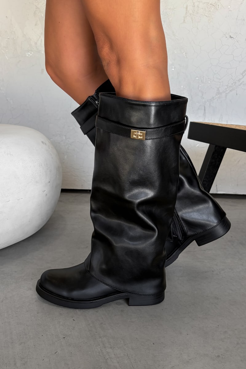 CIARA Flared Knee High Low Heel Boots - Black PU - 2