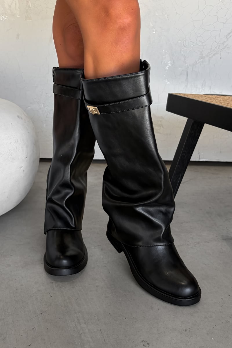 CIARA Flared Knee High Low Heel Boots - Black PU - 3