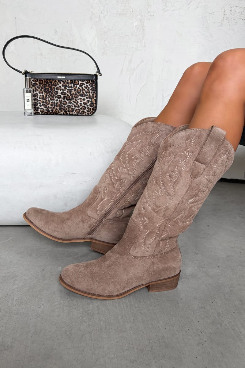 CODIE Low Heel Cowboy Western Boots - Taupe- 5