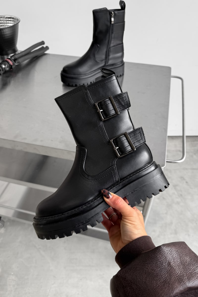 CONTENDER Buckle Chunky Ankle Boots - Black PU