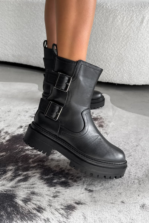 CONTENDER Buckle Chunky Ankle Boots - Black PU - 1