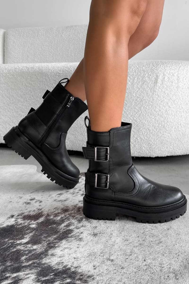 CONTENDER Buckle Chunky Ankle Boots - Black PU - 2