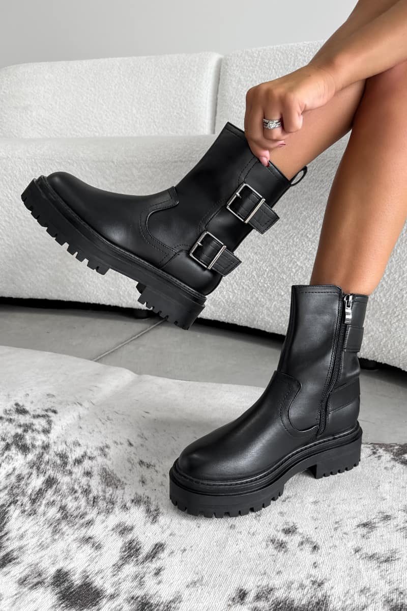 CONTENDER Buckle Chunky Ankle Boots - Black PU - 4