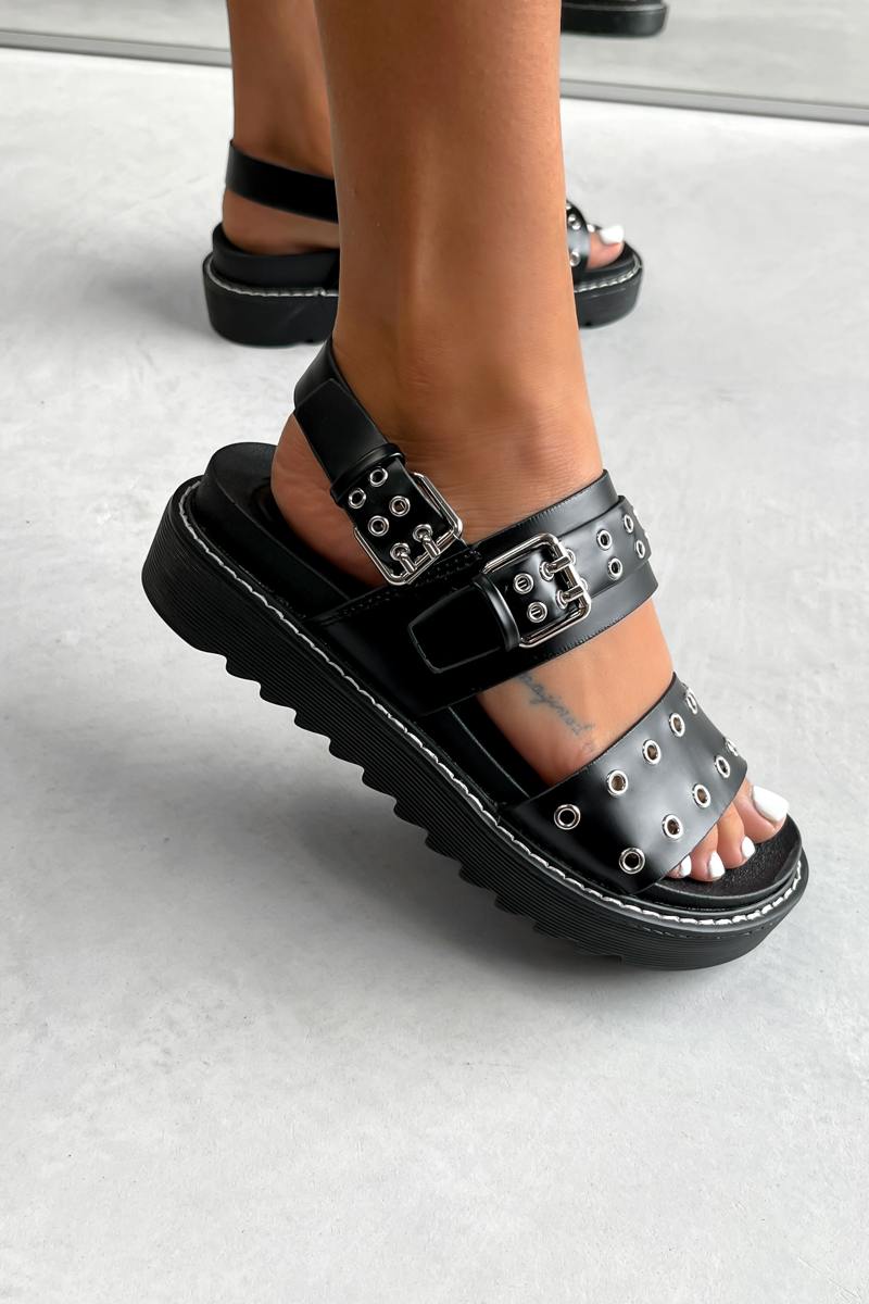 CONTROL Chunky Eyelet Gladiator Sandals - Black PU - 1