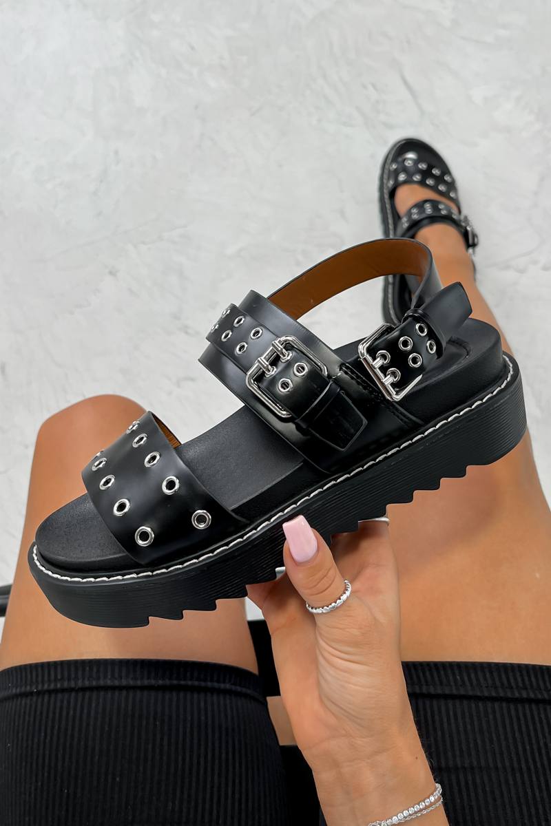 CONTROL Chunky Eyelet Gladiator Sandals - Black PU - 2