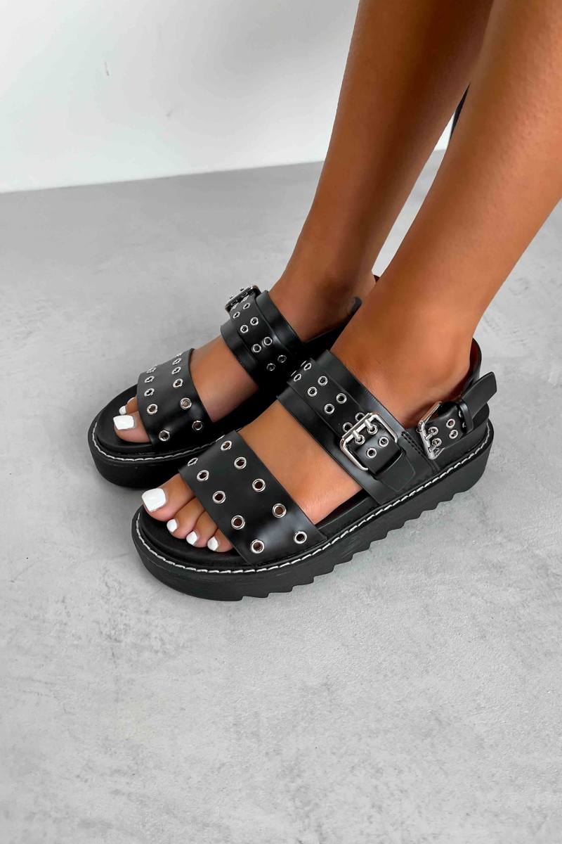 CONTROL Chunky Eyelet Gladiator Sandals - Black PU - 7
