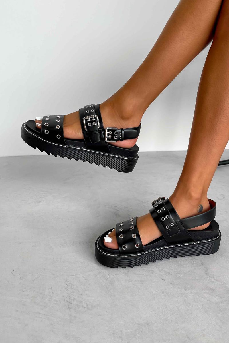 CONTROL Chunky Eyelet Gladiator Sandals - Black PU - 6