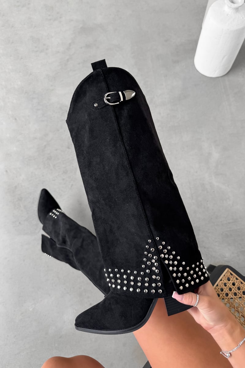 COUNTY Flared Cowboy Western Boots - Black Suede