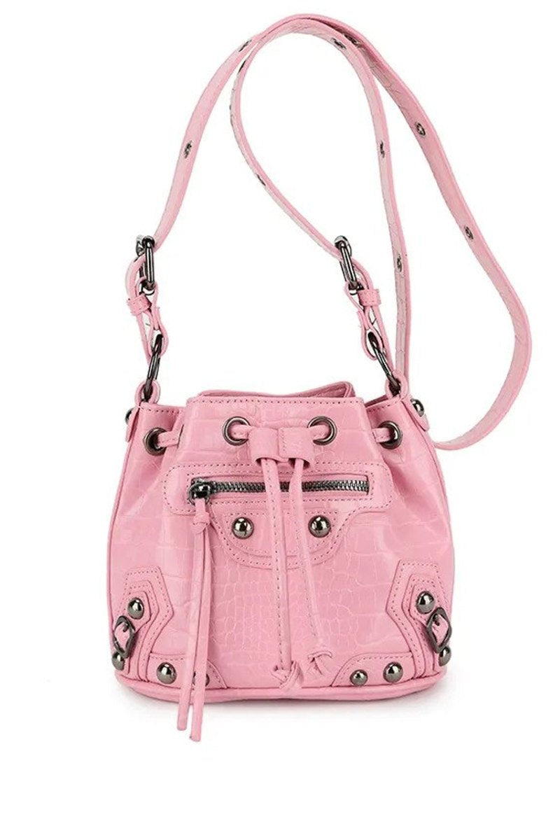 Cross Body Drawstring Studded Bag - Pink Croc