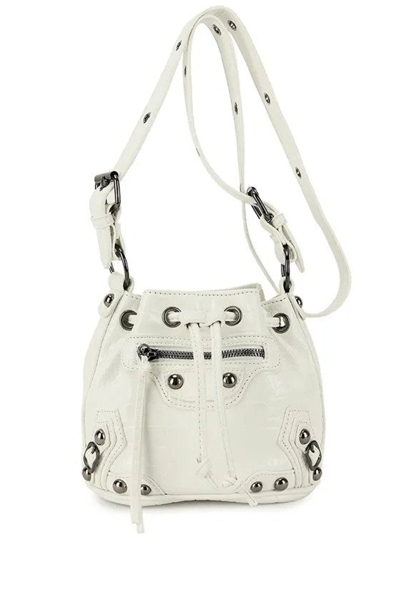 Cross Body Drawstring Studded Bag - White