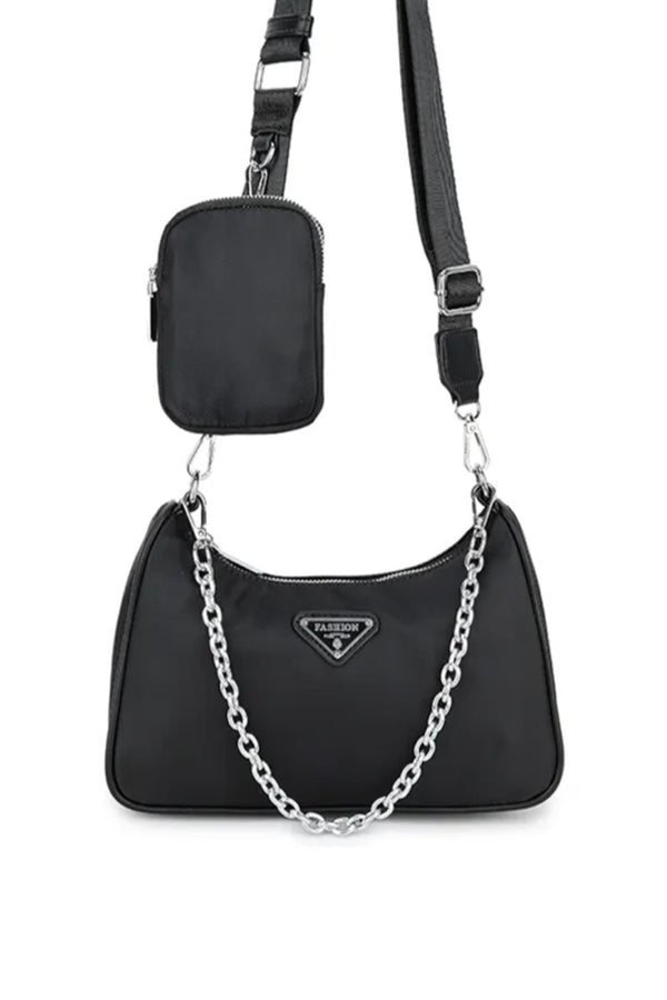 Cross Body Pocket Detail Chain Bag - Black