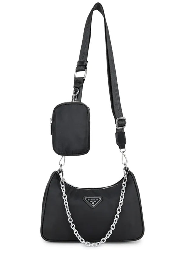 Cross Body Pocket Detail Chain Bag - Black - 1