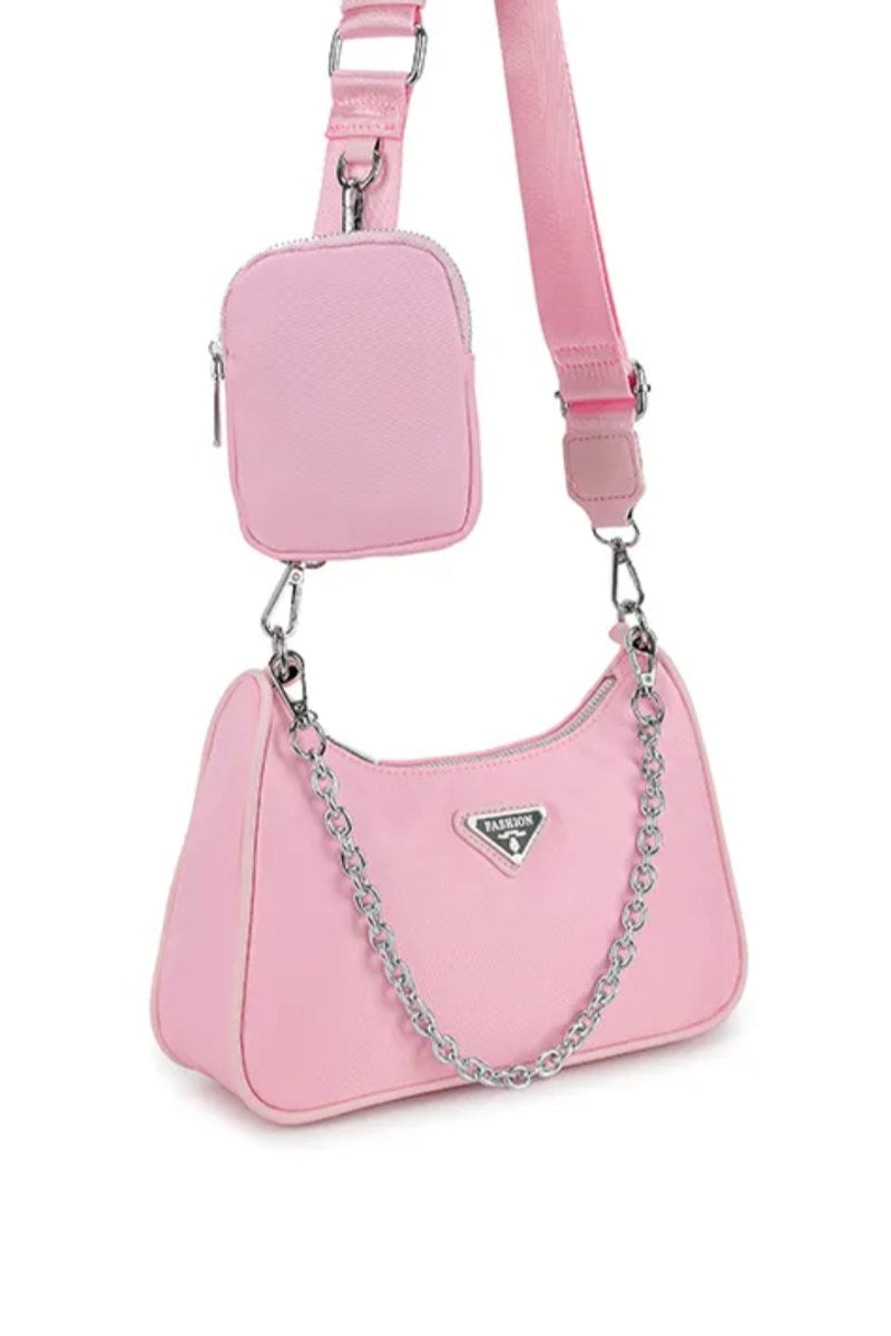 Cross Body Pocket Detail Chain Bag - Pink - 1
