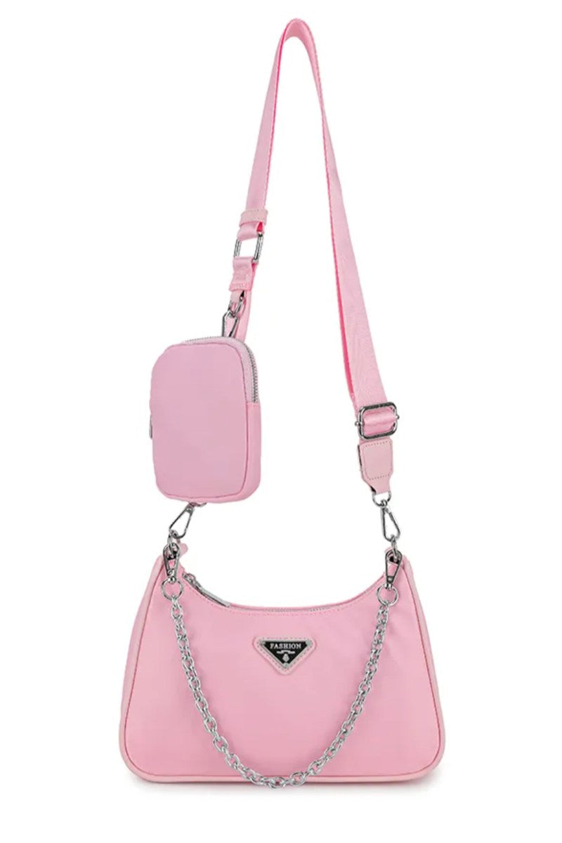 Cross Body Pocket Detail Chain Bag - Pink - 2