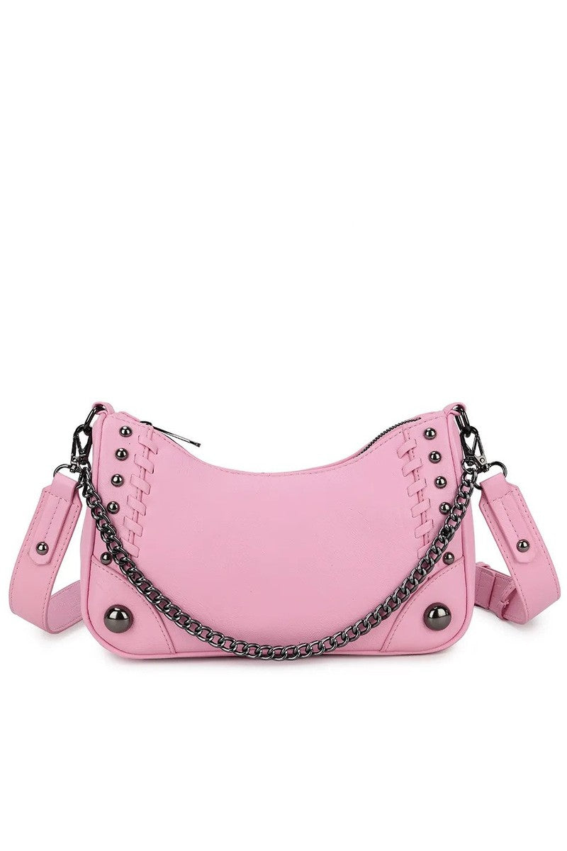 Cross Body Studded Detail Chain Bag - Pink