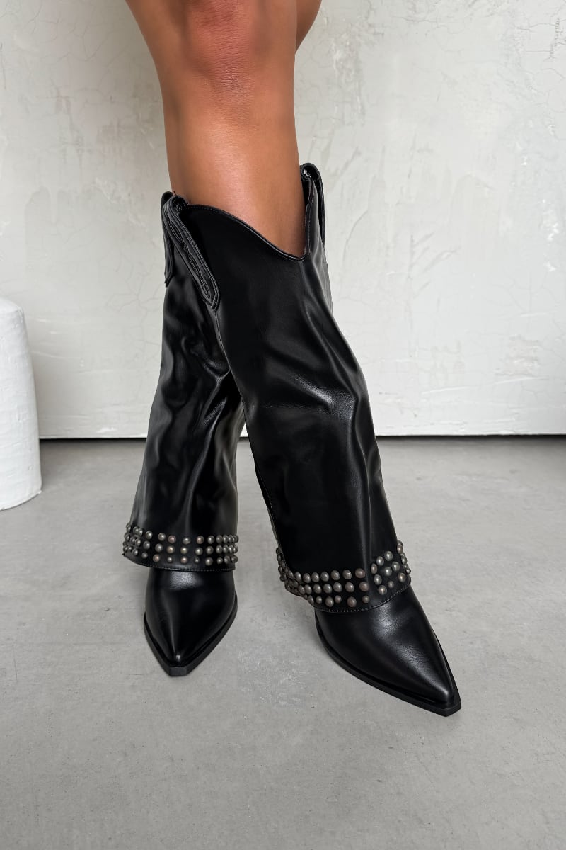 DALLAS Flared Cowboy Western Boots - Black PU - 1