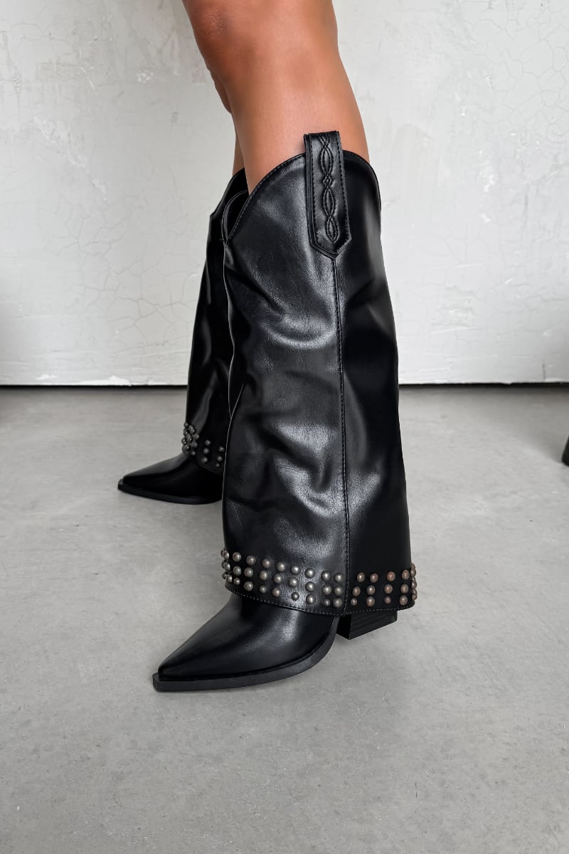 DALLAS Flared Cowboy Western Boots - Black PU - 2