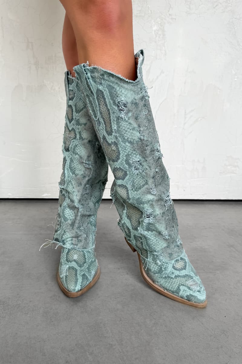 DANIELA Flared Snake Print Denim Cowboy Western Boots - Green Multi - 3