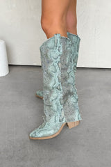 DANIELA Flared Snake Print Denim Cowboy Western Boots - Green Multi - 1