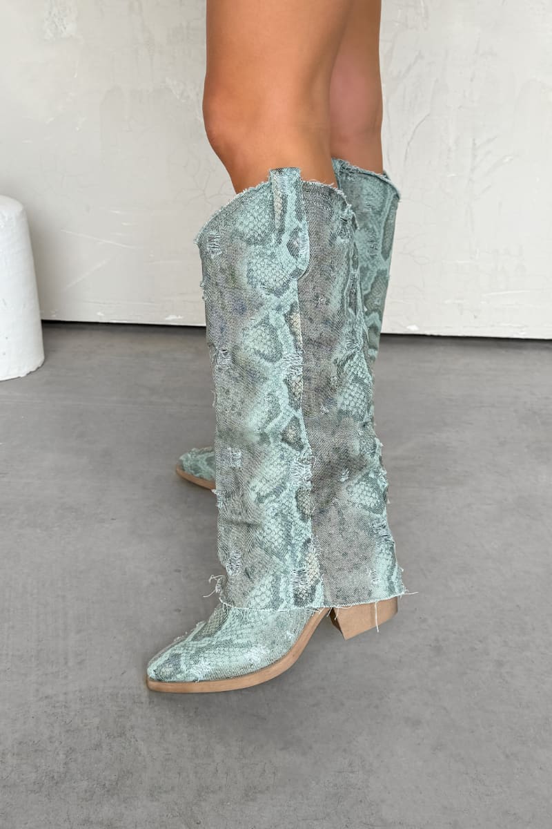 DANIELA Flared Snake Print Denim Cowboy Western Boots - Green Multi - 1