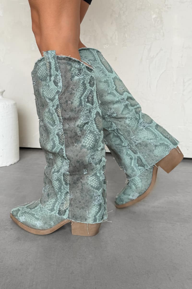 DANIELA Flared Snake Print Denim Cowboy Western Boots - Green Multi - 2