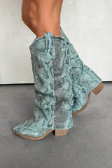 DANIELA Flared Snake Print Denim Cowboy Western Boots - Green Multi - 4