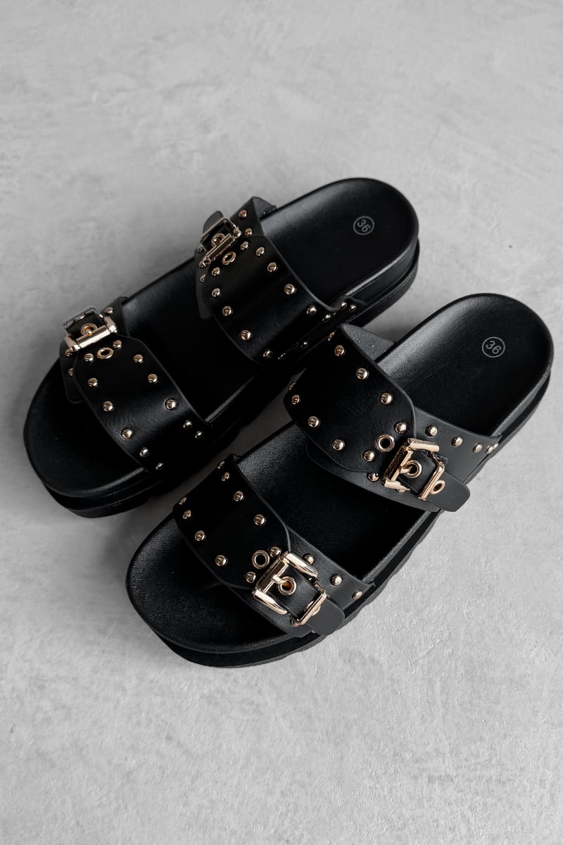 DARCIE Chunky Studded Buckle Sandals - Black