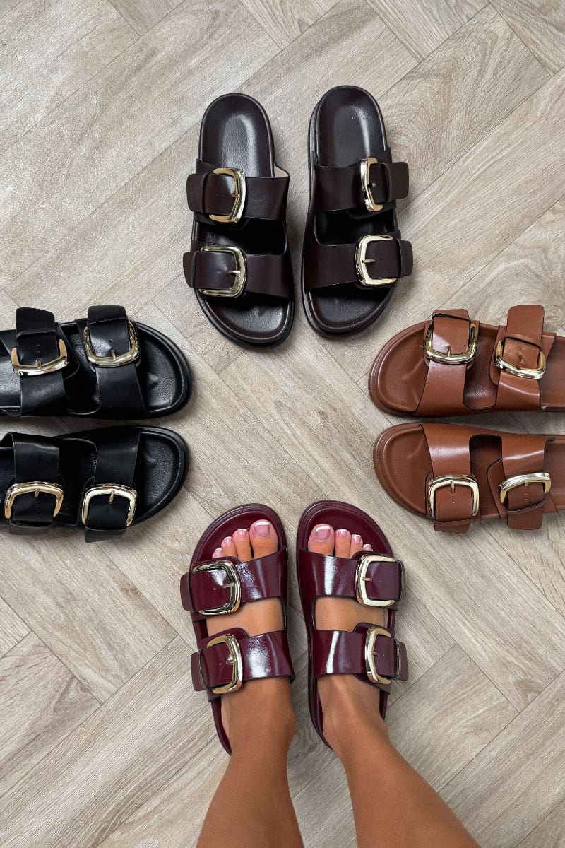 DAYNA Chunky Buckle Sandals - Burgundy