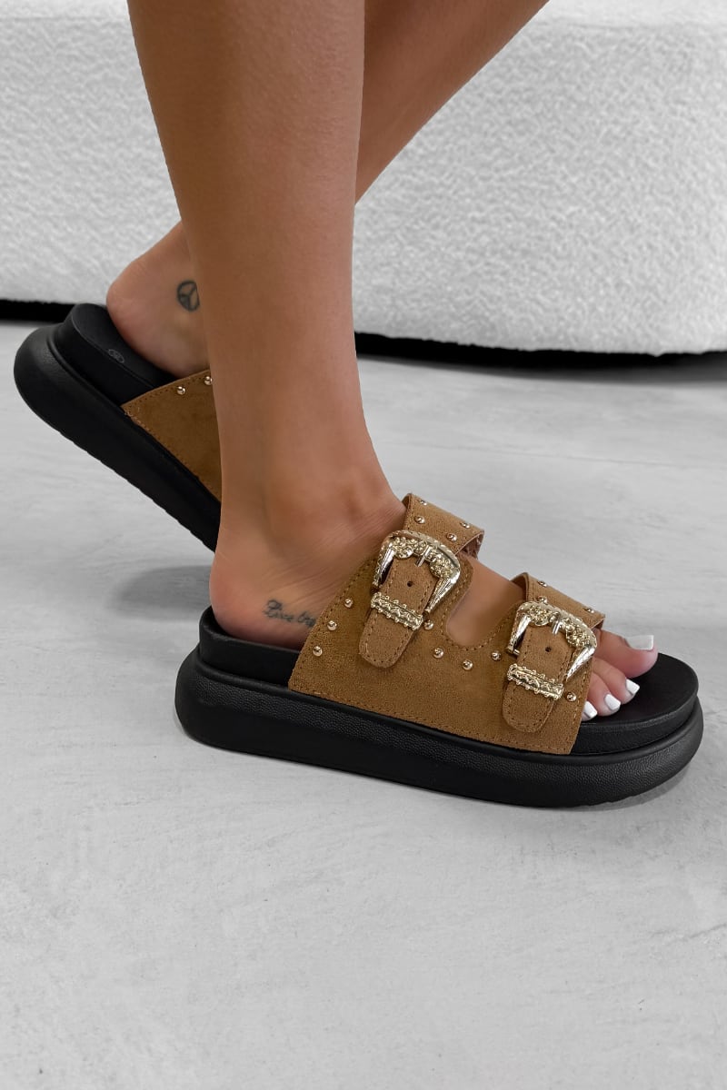 HAZEL Chunky Studded Buckle Sandals - Camel - 4