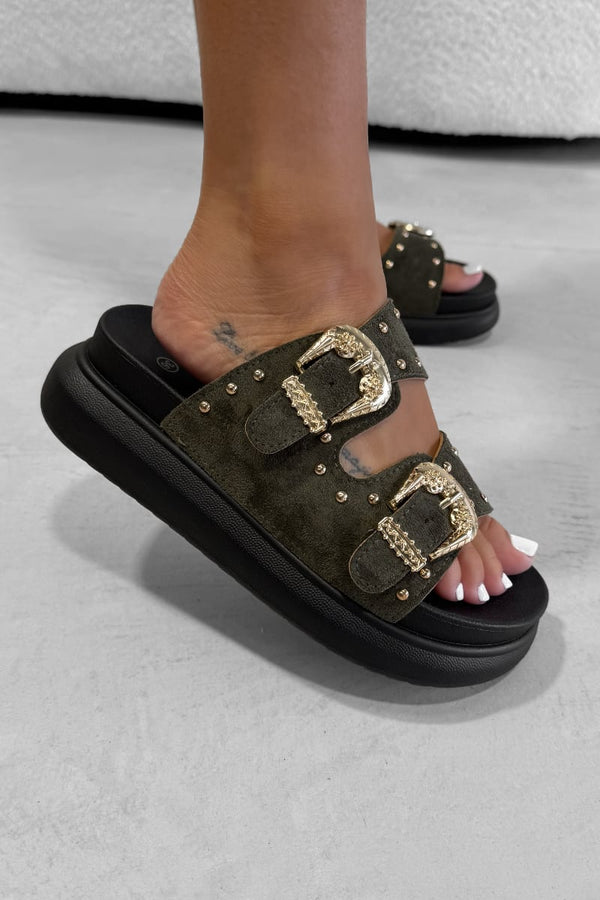 HAZEL Chunky Studded Buckle Sandals - Khaki