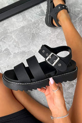 DEFENDER Chunky Buckle Sandals - Black PU