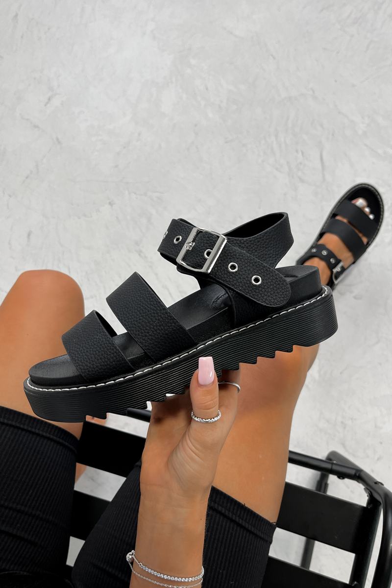 DEFENDER Chunky Buckle Sandals - Black PU - 4