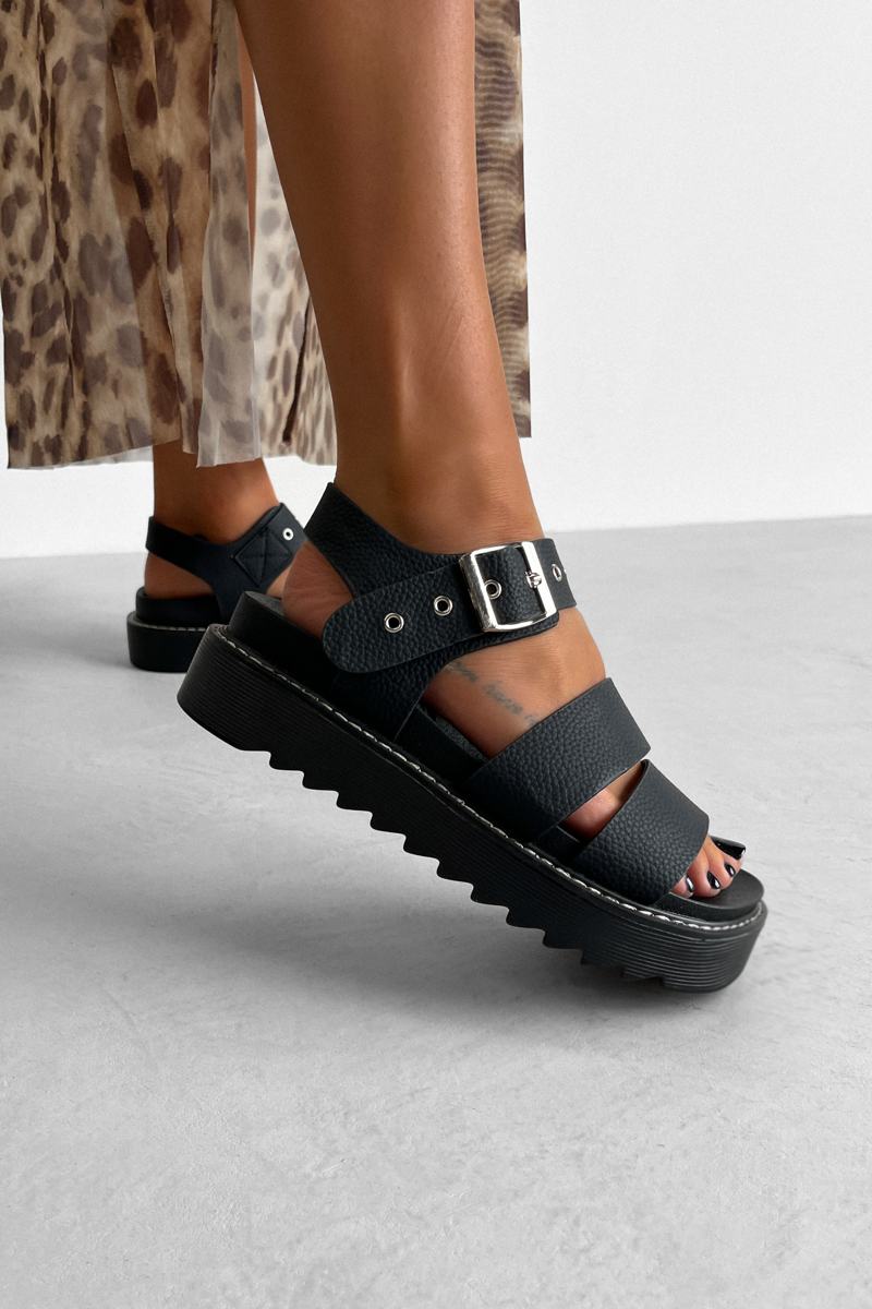 DEFENDER Chunky Buckle Sandals - Black PU - 5