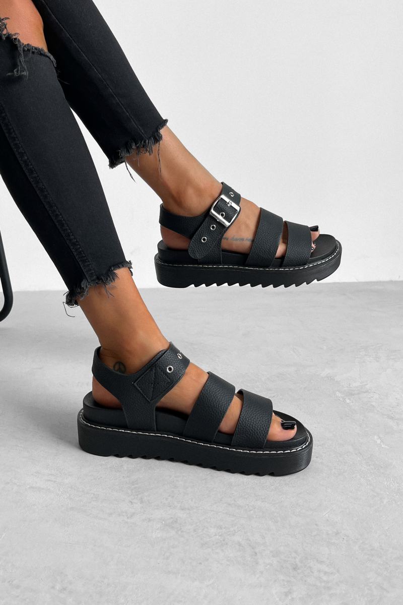 DEFENDER Chunky Buckle Sandals Black PU