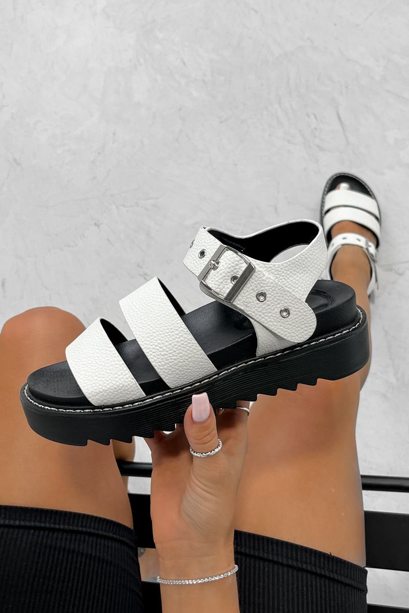DEFENDER Chunky Buckle Sandals - White PU - 5
