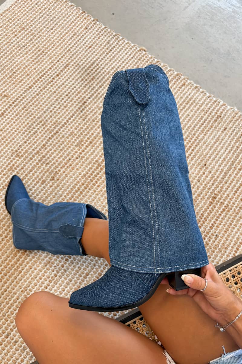 DEMI Flared Cowboy Western Boots - Blue Denim