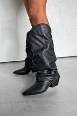 DENI Slouched Cowboy Western Boots - Black PU - 3