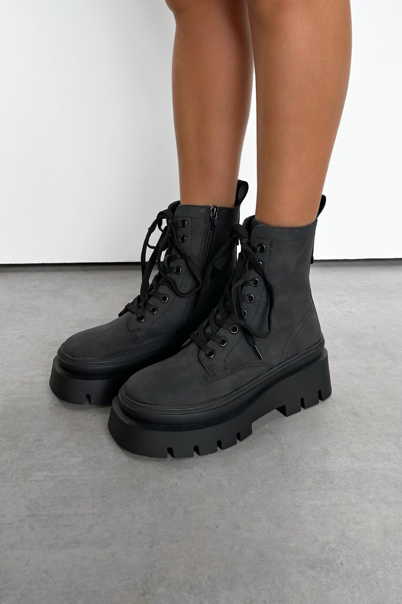 DENTON Chunky Platform Military Boots - Black Suede