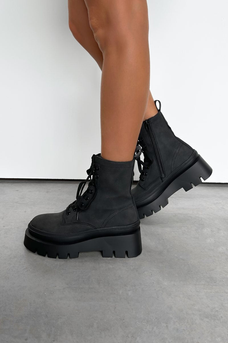 DENTON Chunky Platform Military Boots - Black Suede - 1