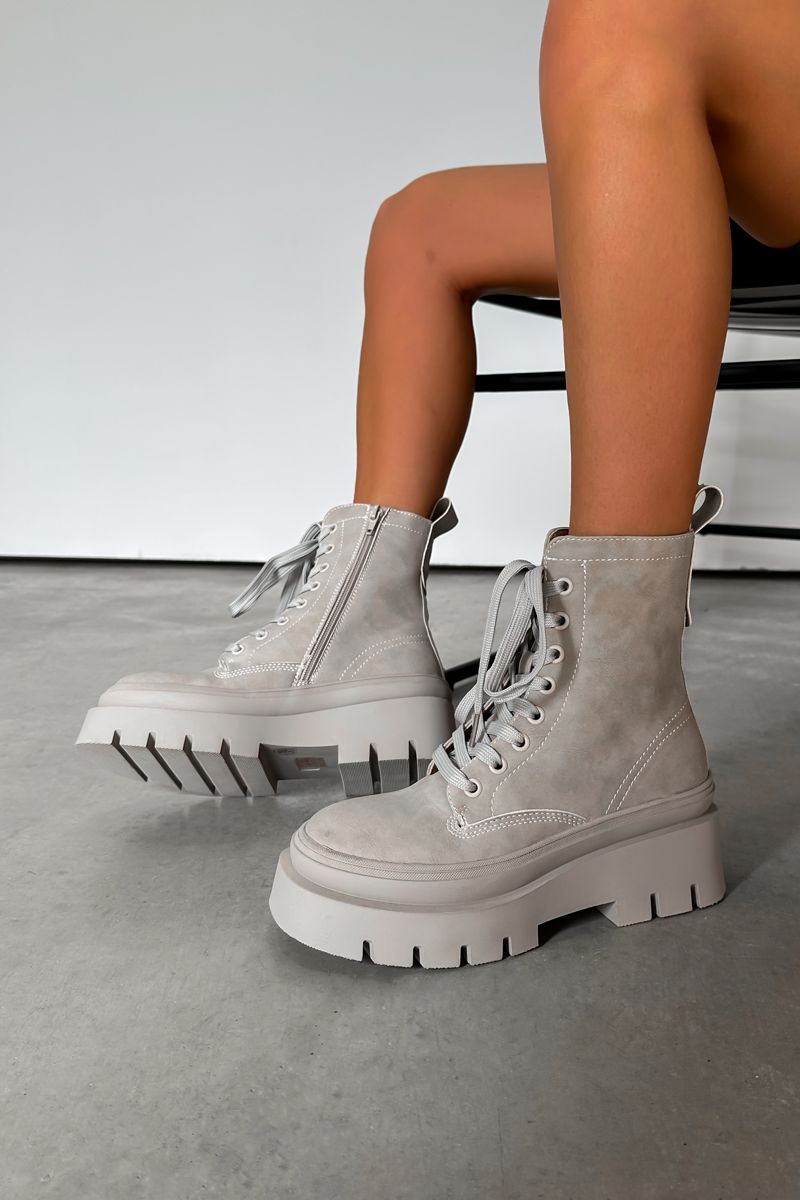 DENTON Chunky Platform Military Boots - Grey Suede