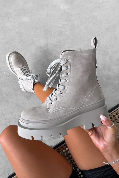 DENTON Chunky Platform Military Boots Grey Suede AJ VOYAGE