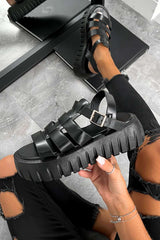 DESTRUCT Chunky Gladiator Buckle Sandals - Black PU