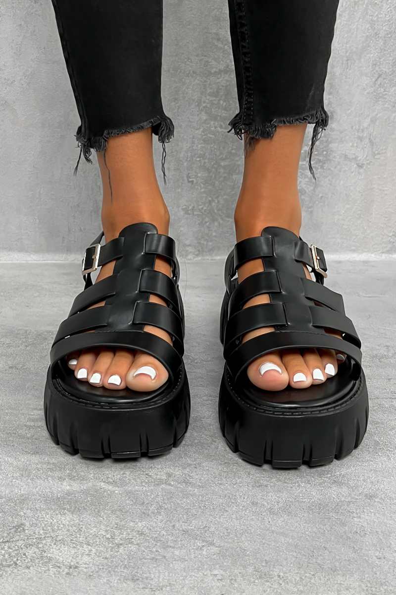 DESTRUCT Chunky Gladiator Buckle Sandals - Black PU - 2